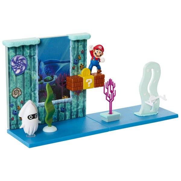 Super Mario Underwater Playset with Interactive Enviromentpiece, 2.5" Articulated Mario Figure & Blooper Squid Figure - Collect & Create Your Mario World!