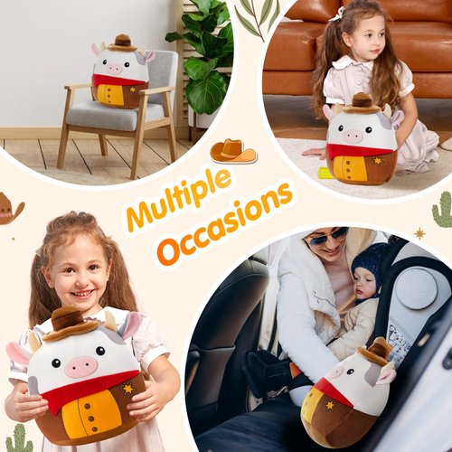 CozyWorld 13" Cow Plush Pillow Soft Squishy Cow Stuffed Animal Cowboy Pillow Toy Cow Plushie Hugging Throw Pillow Great Birthday for Kids, Girls, Boys
