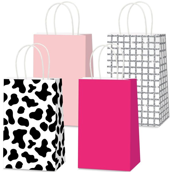 CHUNNIN 24PCS Western Cowgirl Party Paper Bags Cow Print Themed Party Gift Bags Supplies Hot Pink Disco Ball Bags Cowgirl Party Favor Bags Bulk for Birthday 80s 90s Wild West Party Decorations