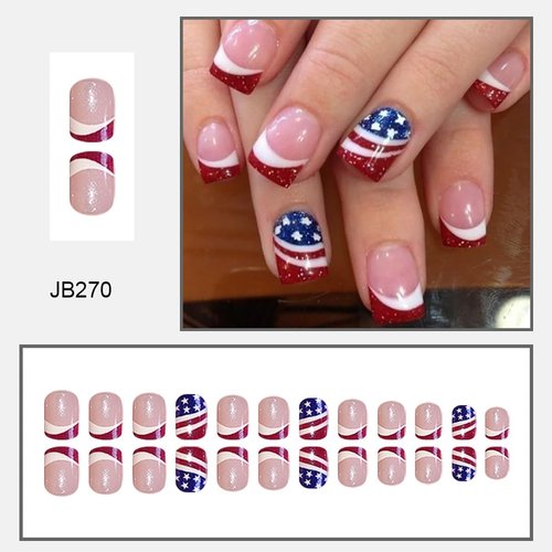 4th of July Press on Nails Independence Day Fake Nails Short Square False Nails Full Cover Red French Tip Stars Glue on Nails Glossy Stick on Nails for Women and Girls Nail Art Decoration 24Pcs