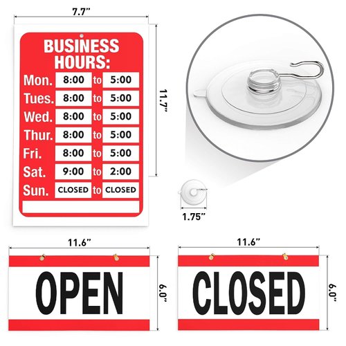 ASSURED SIGNS Open Closed Sign, Business Hours Sign Kit for Glass Door or Window - Bright Red and White Colors - Includes 4 Double Sided Adhesive Pads and a Black Number Sticker Set - Ideal Closed and Open Signs for Business, Store or Office