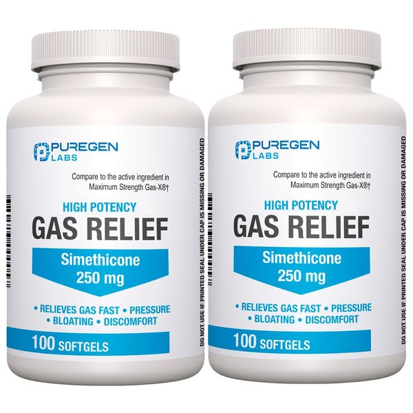 P Puregen Labs High Potency Gas Relief Softgels with Simethicone 250 mg Relieve Pressure, Bloating and Painful Discomfort Compare to Gas-X and Phazyme -200 Count Total