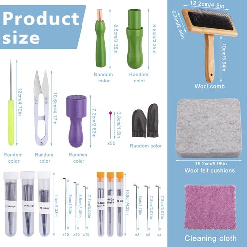 kdafio 74 Needle Felting Tools, Needle Felting Kit with Hand Carders Wooden Wool Carders Needle Felting with Wool Needle Leather Finger Protector for DIY Felting Wool Projects