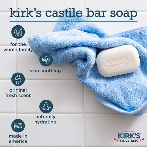 Kirk's Castile Bar Soap Clean Soap for Men, Women & Children| Premium Coconut Oil | Sensitive Skin Formula, Vegan | Original Fresh Scent | 4 oz. Bars - 6 Pack