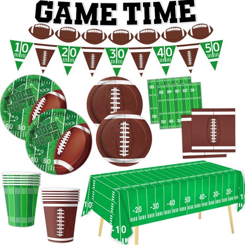 Football Party Supplies Kit - Football Party Decorations Includes Plates, Napkins, Cups, Tablecloth for Football Birthday & Tailgate Party Decorations, Serves 24