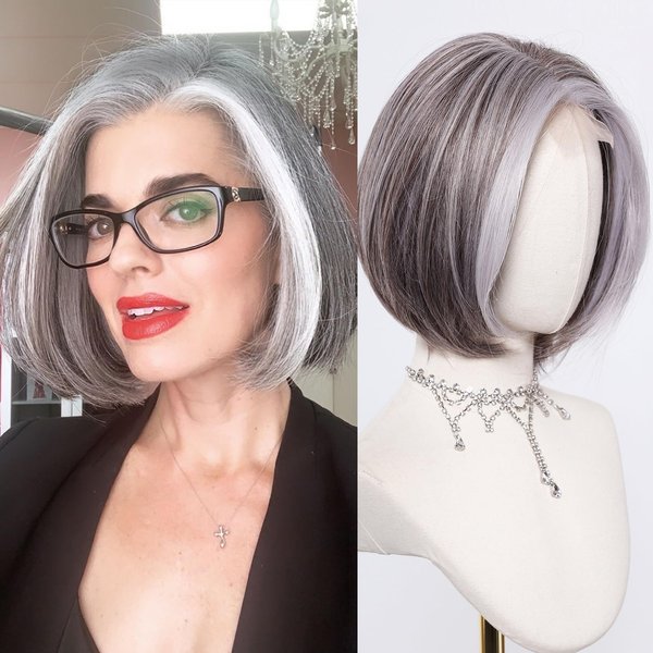 testar Grey Wigs for Women Short Middle Part Gray Bob Wigs With Blonde Highlights 12 Inch Natural Lace Hairline Silver Wigs Heat Resistant Synthetic Wig forGirls Cosplay (Grey)