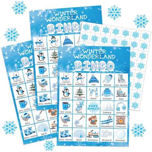Liliful 35 Pcs Winter Bingo Games Christmas Bingo for Adult Boy Girl 24 Players Winter Wonderland Card Game Set Christmas Party Games for Teens School Family Winter Holiday Christmas Party Games Favor