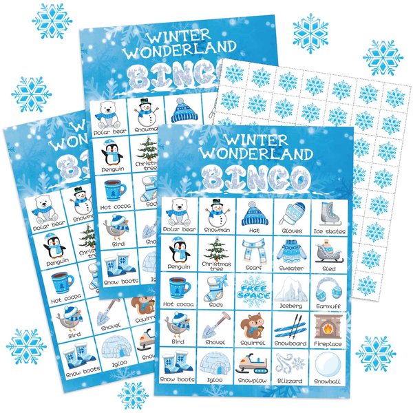 Liliful 35 Pcs Winter Bingo Games Christmas Bingo for Adult Boy Girl 24 Players Winter Wonderland Card Game Set Christmas Party Games for Teens School Family Winter Holiday Christmas Party Games Favor