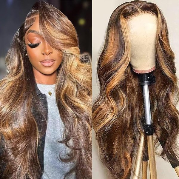 IDHERE Highlight Honey Blonde Lace Front Wig Human Hair 26inch 4/27 Colored Highlight Ombre 13x6 HD Transparent Lace Frontal Wigs Balayage Highlight Lace Front Human Hair Wigs for Women 180 Density
