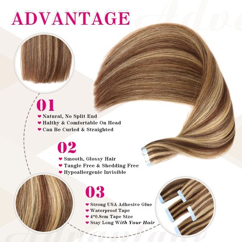 Tape in Hair Extensions Human Hair 100% Real Remy Human Hair Extensions Seamless Straight Hair extensions Real Human Hair Tape in Extensions 20 Inch 20Pieces 50g/Set #4p27 Dark Brown/Blonde Hair