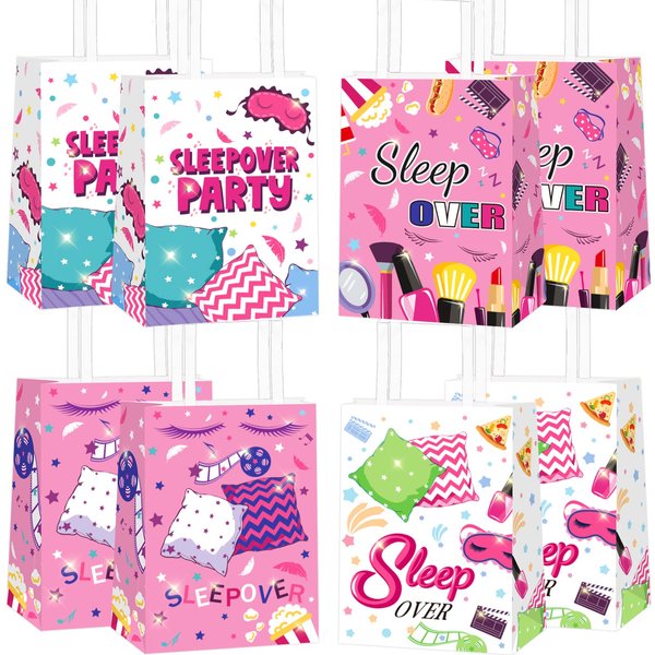 12pcs Sleepover Party Decorations Sleepover Party Bags, Slumber Glamper Sleepover Pajama Favor Bags for Girls Treat Bags with Handle for Sleepover Party Favors Pink Decorations Supplies