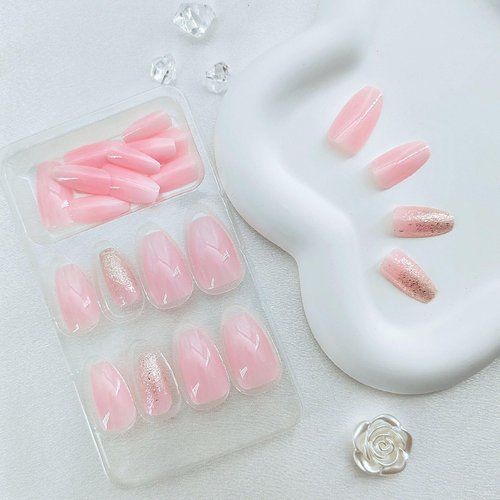 Light Pink Press on Nails Short Coffin Fake Nails Shimmer Bling False Nails with Silver Glitter Designs Gradient Glue on Nails Full Cover Acrylic Nails for Women 24 Pcs