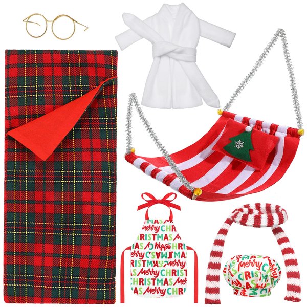 8 Pcs Christmas Elf Doll Accessories Set with Christmas Sleeping Bag, Bathrobe, Apron and Chef Hat, Scarf, Glasses, Christmas Elf Hammock Xmas Accessory for Doll Decorations(Red Stripes)