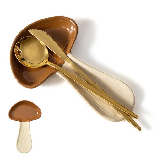YumiPLUS Mushroom Spoon Rest for Kitchen Counter,Ceramic Spoon Holder for Stove Top,Cute Spatula Rest for housewarming,Large Porcelain Utensil Rest,Easy to Clean,Dishwasher Safe(Brown)