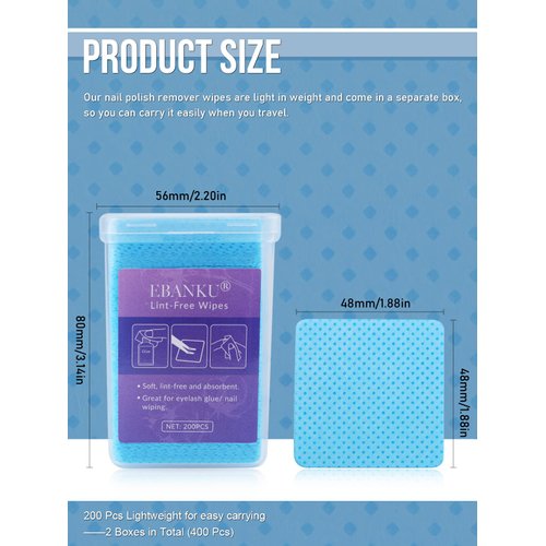 400PCS Lint Free Nail Wipes Glue Wipes Lash Extensions EBANKU Soft Blue Lash Glue Nail Polish Remover Cotton Pads Eyelash Extension Supplies