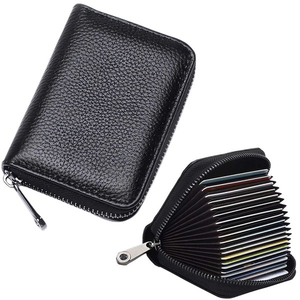 NEMIBAD Credit Card Holder Genuine Leather Small Card Wallet for Women or Men 20 Card Slots RFID Blocking Accordion Wallet with Zipper (Black 20)