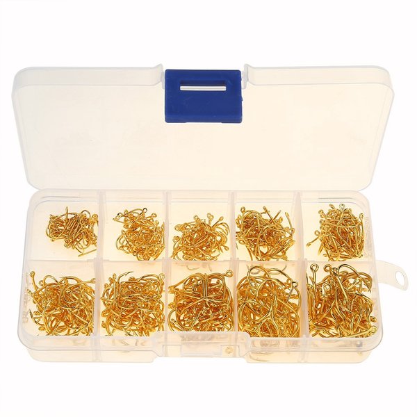 Alomejor 500pcs High-Carbon Steel Black Saltwater&Freshwater Fish Hooks Kit with 10 Different Sizes for Outdoor Fishing(Gold)