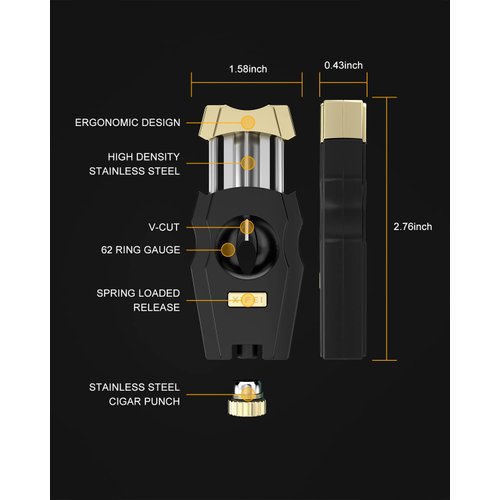 XIFEI Cigar Cutter, Stainless Steel V-Cut Cigar Cutter Built-in Cigar Puncher (Black Gold-1)