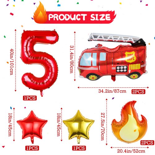 Fire Truck Party Decorations, 7pcs Fire Truck Birthday Party Balloons Fire Party Balloons for Firefighters 5th Birthday Fire Engine Rescue Themed Party Supplies