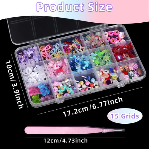 Colorful Candy Cute 3D Nail Charms, Flower Butterfly Bowknots Lollipop Candy Bear Nail Art Charms, Cute Hollow Pearls Cartoon Nail Charms Jewelry for Nail Art DIY Accessories with Pickup Tools