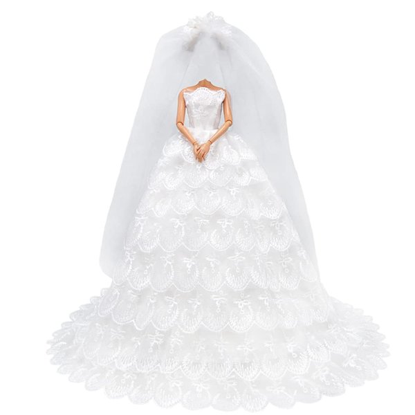 E-TING White Gorgeous Long Wedding Dress Princess Gown Clothes with Veil for 11.5 inch Dolls（Doll Not Included）