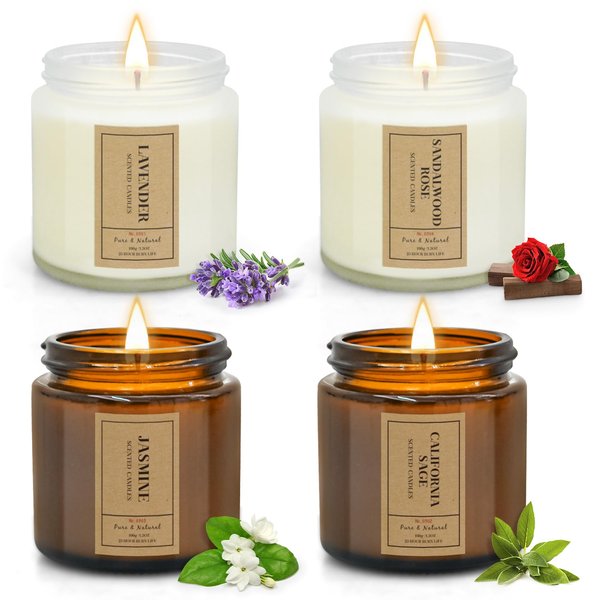 4 Pack Candles for Home Scented, Lavender Candles Gifts Set for Women 14oz 100 Hour Long Lasting Candles, White & Amber Jar Candles, Birthday, Christmas, Valentine