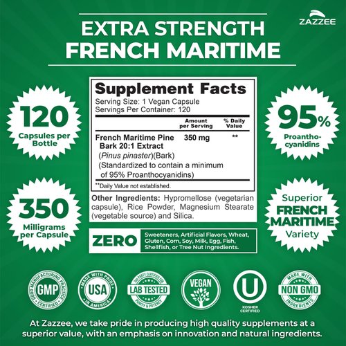 Zazzee Extra Strength French Maritime Pine Bark 20:1 Extract, 350 mg Per Capsule, 120 Vegan Capsules, 95% Proanthocyanidins, Kosher, 4 Month Supply, Standardized 20X Extract, Non-GMO, Made in The USA