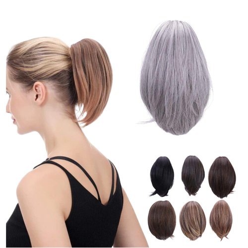 Juvabun 7" Straight Claw Clip In Ponytail Hair Extensions - Light Gray | Ponytail Extension Human Hair | Hair Extensions for Women & Men | Washable, Realistic And Synthetic | Light Gray