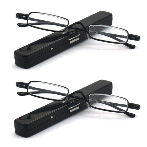 EYE ZOOM 2 Pack Metal Super Light Mini Reading Glasses with Compact Case, Black, 2.00