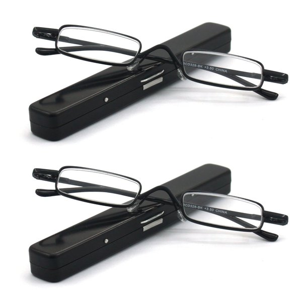 EYE ZOOM 2 Pack Metal Super Light Mini Reading Glasses with Compact Case, Black, 2.00