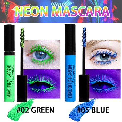 2 Colored Mascara for Eyelashes Set,Blue Green Halloween Fluorescent Colorful Waterproof Long lasting Charming Voluminous Mascara for Women Cruelty Free Vegan Eye Makeup (02# Green &05# Blue)
