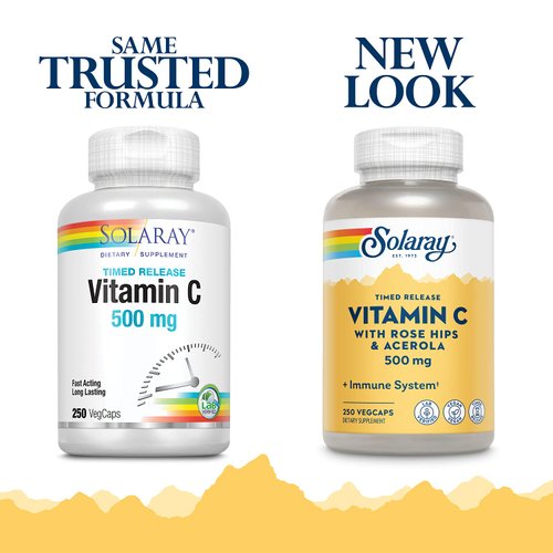 SOLARAY Vitamin C w/Rose Hips & Acerola | 500mg | Two-Stage, Timed-Release Healthy Immune Function, Skin, Hair & Nails Support | Non-GMO | 250 CT