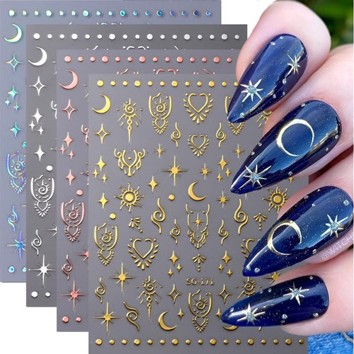 SPLOCUDU 12 Sheets Star Nail Art Stickers 3D Self-Adhesive Nail Decals Silver Aurora Gold Moon Nail Stickers for Nail Art Design Decoration Accessories for Women