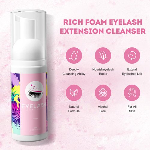 Buqikma Lash Shampoo for Lash Extensions 60Ml/2.11fl.Oz Eyelash Extension Cleanser Gentle Foaming Eyelash Shampoo Bath Eyelash Cleaning Kit with Lash Shampoo Brush Mascara Brush for Salon Home Care
