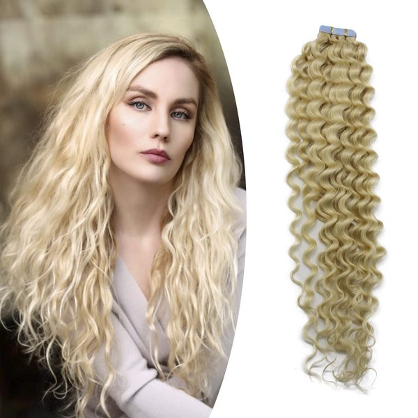 Invisible Seamless Tape in Hair Extensions Skin Weft Curly Remy Human Hair Platinum Blonde 18inch20Pcs