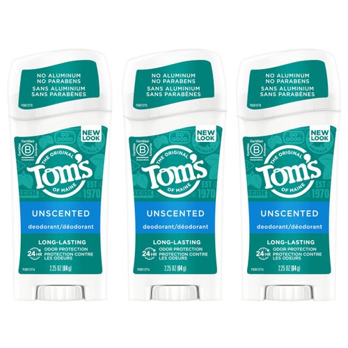 Tom's of Maine Long-Lasting Aluminum-Free Natural Deodorant for Women, Unscented, 2.25 oz. 3-Pack (Packaging May Vary)