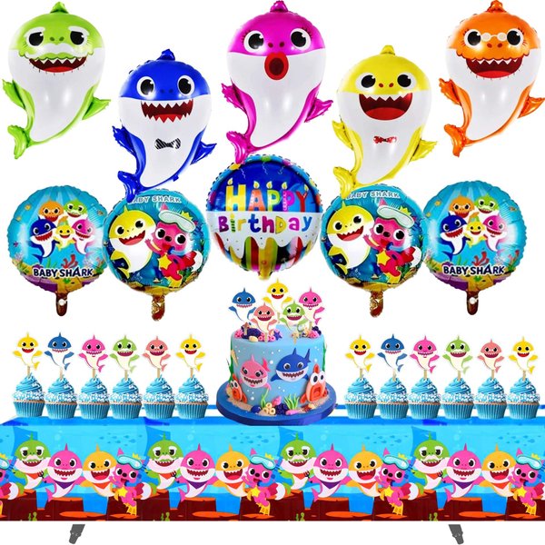 NEW FUNTON 36pcs Baby Shark Party Supply, 10 pcs Baby shark Helium Balloons, 25pcs Baby Shark Cake toppers, Baby Shark Table cloth, Baby Shark Birthday Decorations