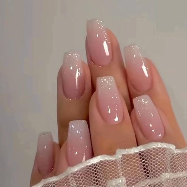 24Pcs Acrylic Press on Nails Medium Square Fake Nails Pink Ombre Glue on Nails False Nails with Gloss Glittering Powder Designs Nails Press on Artificial Nails Stick on Nails for Women Girls