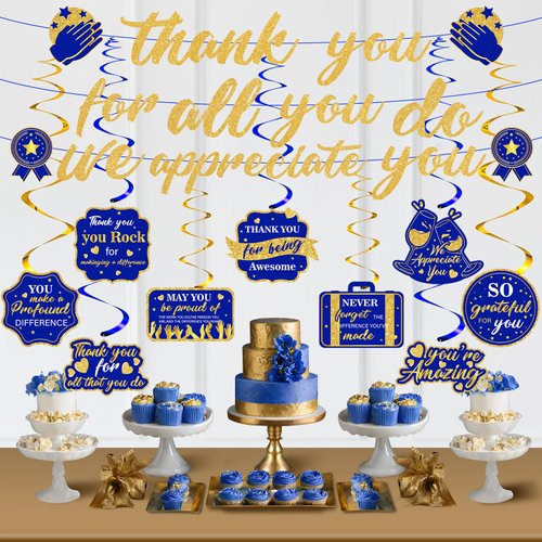We Appreciate You Decorations Navy Blue Gold Thank You Banner Appreciate Hanging Swirls Thank You For All You Do Decor for Teacher Doctor Nurse Employee Staff Graduation Appreciation Party Supplies