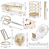 EOOUT Gold Office Supplies Set Desk Accessories, Acrylic Stapler Set Staple Remover, Phone Holder, Tape Holder, Pen Holder, 2 Ballpoint Pen, Scissor, Binder Clips, Ruler, Transparent Glue and Staples.