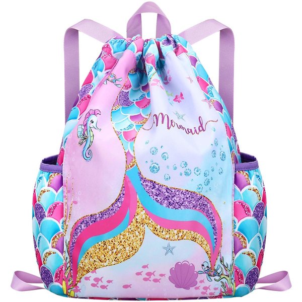 RHCPFOVR Drawstring Backpack for Kids - Mermaid Bags for Girls Mini Gym Dance Beach Swim Travel Bag With Two Water Bottle Holder