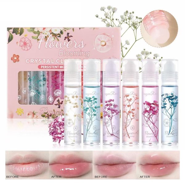 Petansy Flower Jelly Lip Oil Set 6 Packs Moisturizer Long Lasting Roll On Lip Gloss Set with Real Flowers Glossy Lip Make-up for Dry and Chapped Lips