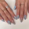 ANDGING Almond Press on Nails with Charms Blue Short Medium Fake Nails with Star Nail Charm Design Acrylic Glue on Nails for Wedding Birthday Stick on Nails with Glue Manicure False Nails for Women