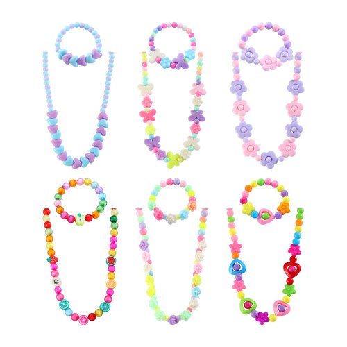 Lepida Girls Beaded Necklaces and Bracelets Set with Unicorn Flower Mermaid Heart Rainbow Pendant Toy Party Favors Dress up Play Costume Toddler Jewelry for Gift, Set3