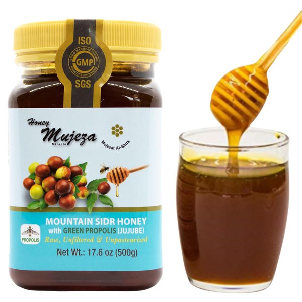 Mujeza Authentic Mountain Sidr Honey (Jujube) with Propolis عسل سدر جبلي أصلي مع صمغ النحل (العكبر Equal to Manuka Effectiveness,100% Natural Raw Honey 500g /17.6oz - Mujezat Al-Shifa