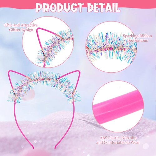 ANBALA Cat Ears Headbands 12Pcs Plastic Hairbands Glitter Cat Headbands Sparking Ribbon Hair Accessories for Women Girls Halloween, Daily Wearing and Party Favors (Colorful)