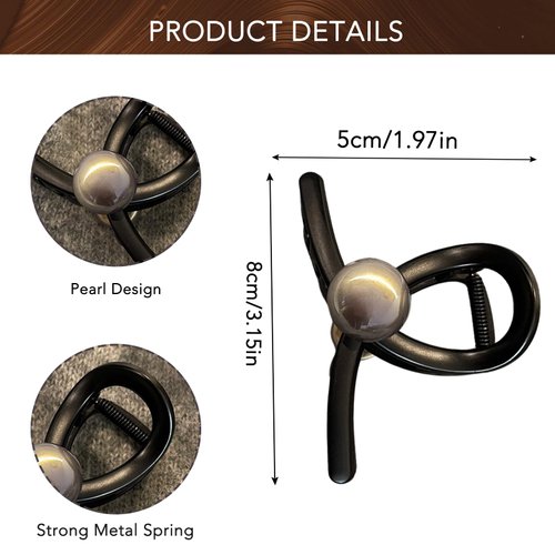 Matte Black Pearl Hair Claw Clips Elegant Pearls Hair Claws for Women French Medium Hair Clip for Thick Hair Black Tip Rhinestone Hair Barrette Hair Ornaments Hair Accessory Hairpin for Girls 1Pcs