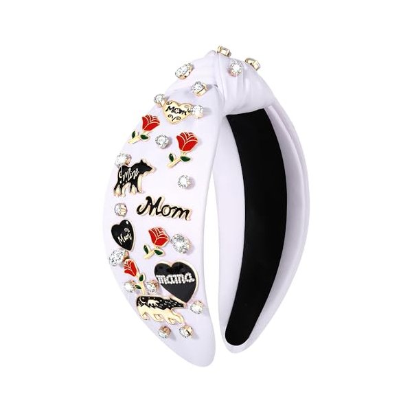 PHALIN Hairband for Women - Wide Top Knot Headband with Beaded Mama, Glitter Embellished, Pearl, Holiday Knotted Headband, Mother's Day Hair Accessories Gifts, White