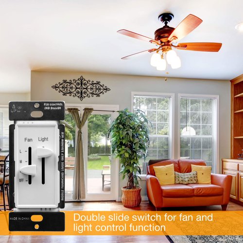 ENERLITES 3 Speed Ceiling Fan Control and LED Dimmer Light Switch, 2.5A Single Pole Light Fan Switch, 300W Incandescent Load, No Neutral Wire Required, 17001-F3-W, White