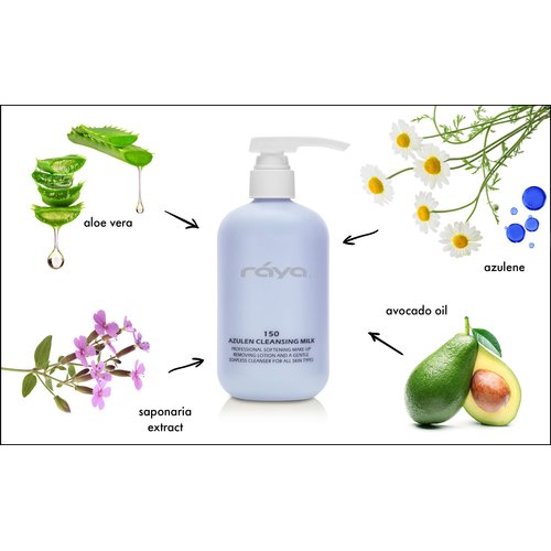 Raya Azulen Facial Cleansing Milk 16 oz (150) | Calming and Refining, Soap-Free Fluid Cleanser and Make-Up Removing Lotion | Made with Azulene Extract and Aloe Vera | Great for Sensitive Skin